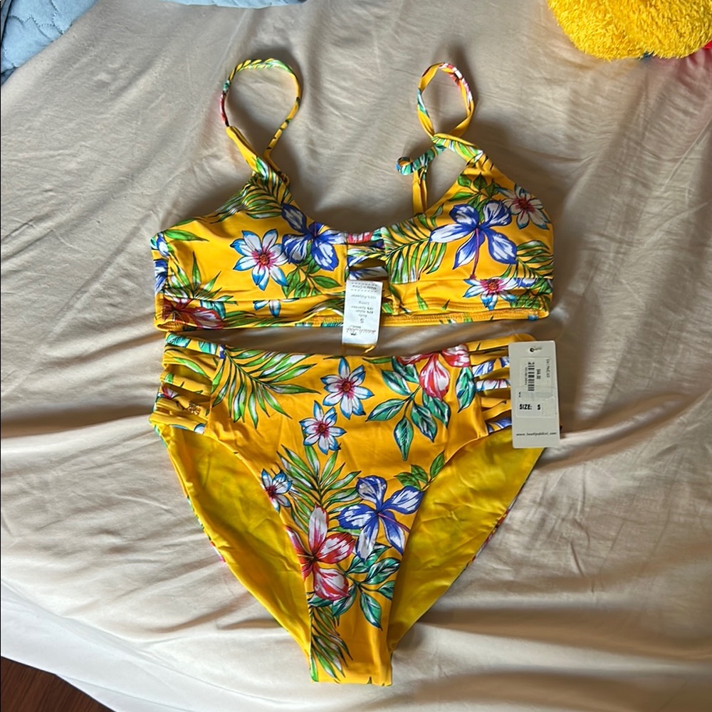 NWT Floral Yellow High Waisted Bikini Set with Ladder Cutouts